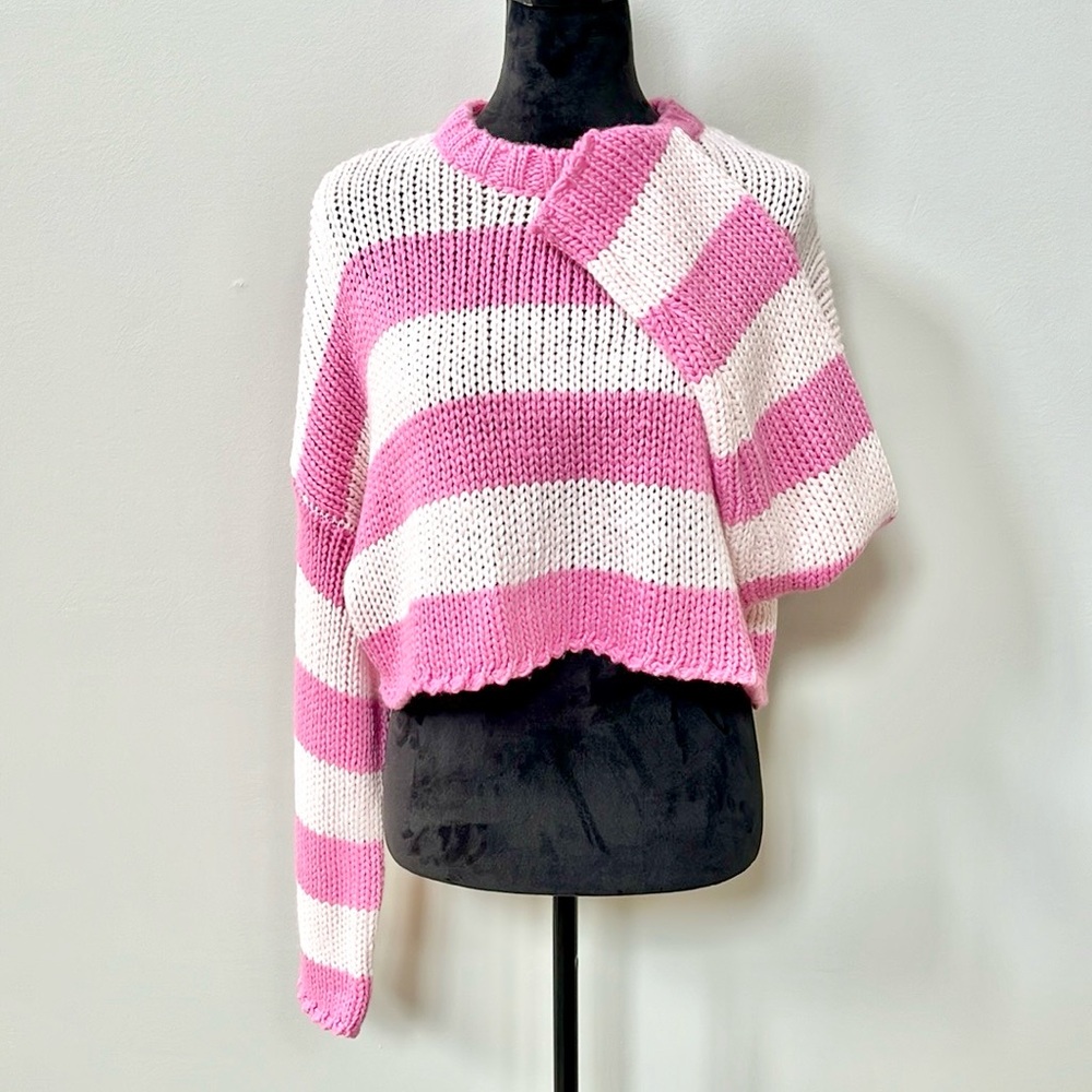 Pink Cropped Knit Striped Sweater